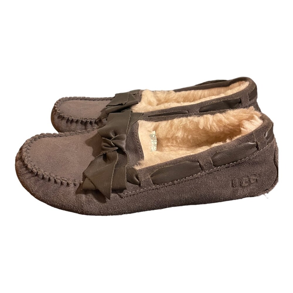 UGG‎ Slippers Womens US 7 Brown Moccasin Fur Lining Ribbon Bow Winter Cozy